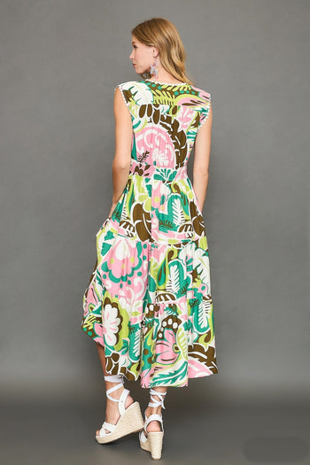 Umgee Floral Print Sleeveless Midi Dress in Green Mix