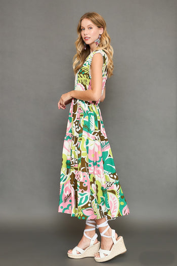 Umgee Floral Print Sleeveless Midi Dress in Green Mix