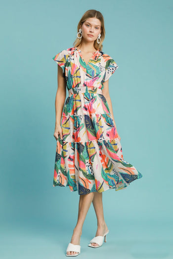 Umgee Multi Colored Leaf Print Midi Dress in Orange Mix