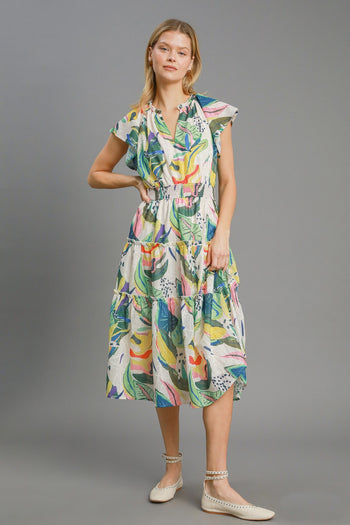Umgee Multi Colored Leaf Print Midi Dress in Green Mix