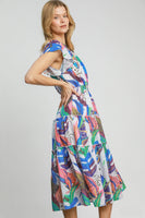 Umgee Multi Colored Leaf Print Midi Dress in Blue Mix