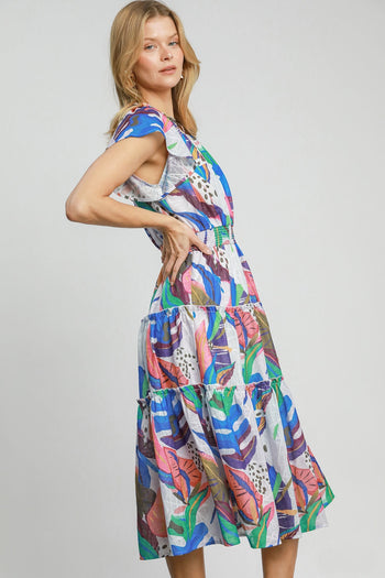 Umgee Multi Colored Leaf Print Midi Dress in Blue Mix