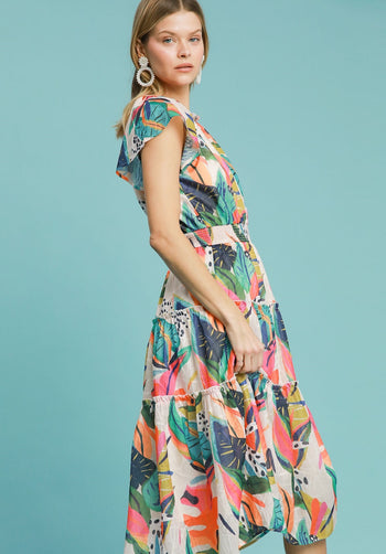 Umgee Multi Colored Leaf Print Midi Dress in Orange Mix