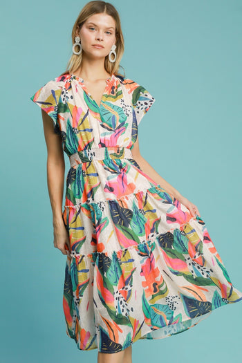 Umgee Multi Colored Leaf Print Midi Dress in Orange Mix
