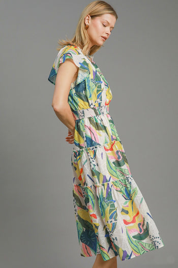 Umgee Multi Colored Leaf Print Midi Dress in Green Mix