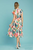 Umgee Multi Colored Leaf Print Midi Dress in Orange Mix