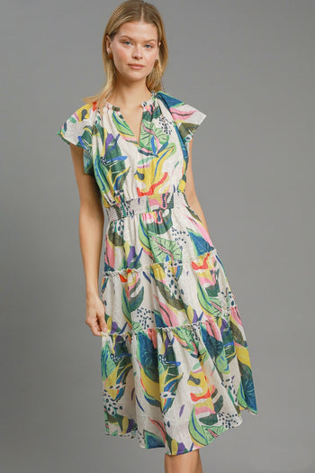 Umgee Multi Colored Leaf Print Midi Dress in Green Mix
