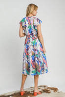 Umgee Multi Colored Leaf Print Midi Dress in Blue Mix