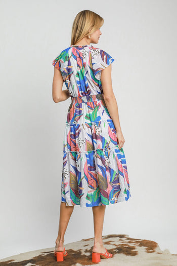 Umgee Multi Colored Leaf Print Midi Dress in Blue Mix