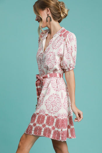 Umgee Two Toned Abstract Print Mini Dress in Pink