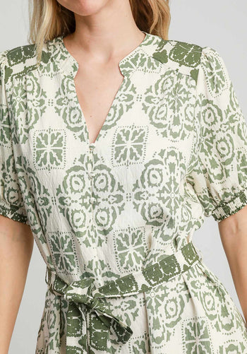 Umgee Two Toned Abstract Print Mini Dress in Light Olive