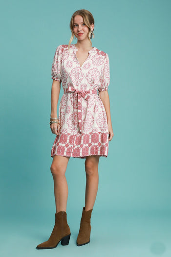 Umgee Two Toned Abstract Print Mini Dress in Pink