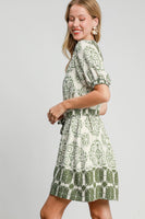 Umgee Two Toned Abstract Print Mini Dress in Light Olive