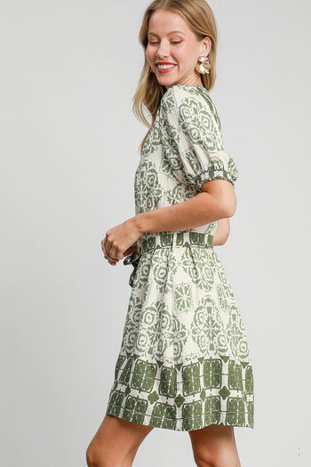 Umgee Two Toned Abstract Print Mini Dress in Light Olive