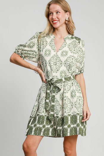 Umgee Two Toned Abstract Print Mini Dress in Light Olive