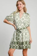 Umgee Two Toned Abstract Print Mini Dress in Light Olive