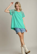 Umgee Solid Color Top with Crochet Sleeves in Emerald