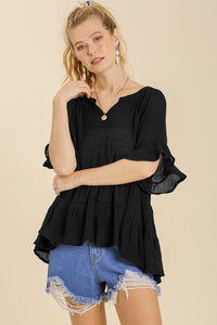 Umgee Tiered Top with Mandarin Collar Split Neckline in Black Shirts & Tops Umgee   