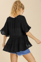 Umgee Tiered Top with Mandarin Collar Split Neckline in Black Shirts & Tops Umgee   