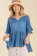 Load image into Gallery viewer, Umgee Tiered Top with Mandarin Collar Split Neckline in Denim Blue Shirts &amp; Tops Umgee   
