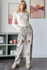 Oli & Hali Floral Embroidered Denim Jeans in Warm Grey