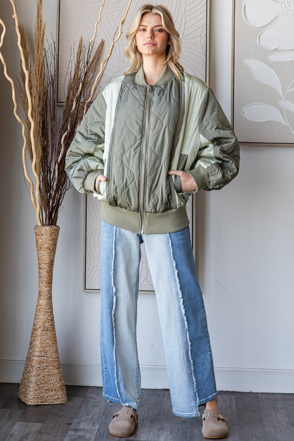 Oli & Hali Quilted Patchwork Bomber Jacket in Sage – June Adel