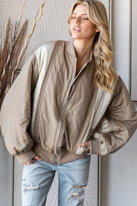 Oli & Hali Quilted Patchwork Bomber Jacket in Mocha