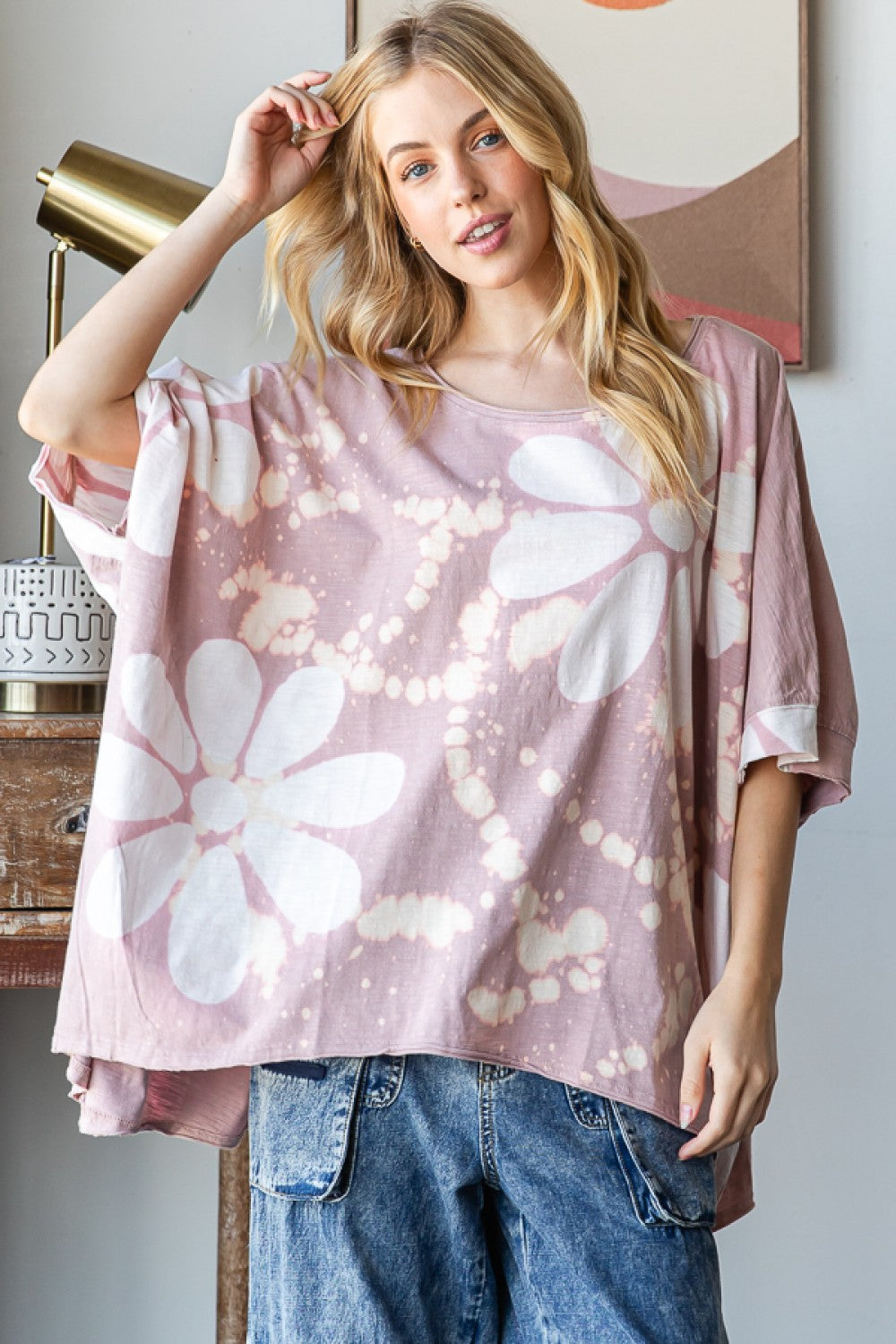 Oli & Hali OVERSIZED Splatter Bleached Flower Top in Blush