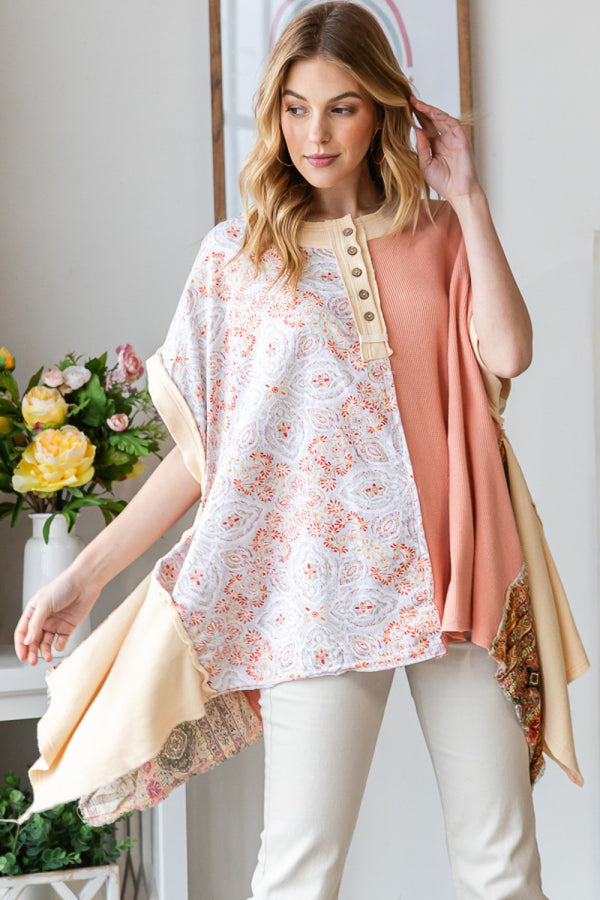 Oli & Hali Mixed Print Henley Neck Top in Peach Shirts & Tops Oli & Hali   