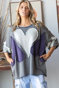 Oli & Hali OVERSIZED Top with Multicolored Gauze Heart Patches in Blue