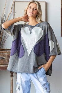 Oli & Hali OVERSIZED Top with Multicolored Gauze Heart Patches in Blue