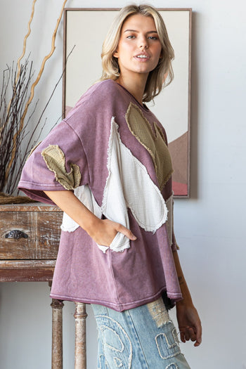 Oli & Hali OVERSIZED Top with Multicolored Gauze Heart Patches in Dark Lilac