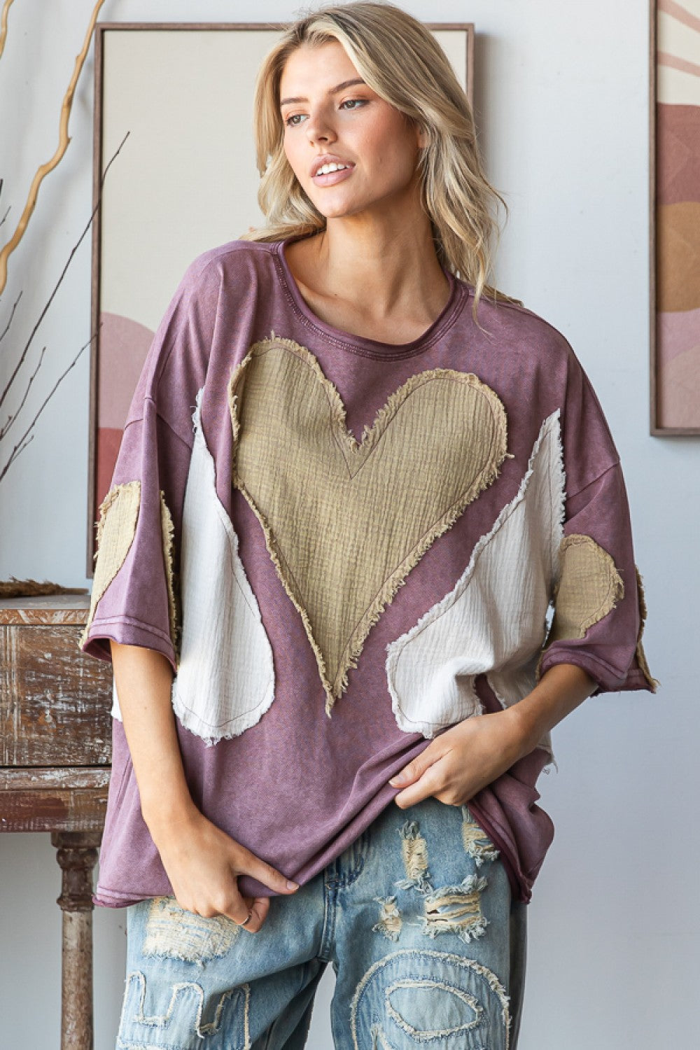 Oli & Hali OVERSIZED Top with Multicolored Gauze Heart Patches in Dark Lilac