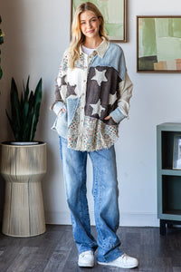 Oli & Hali Mixed Print Button Down Top with Star Patches in Creme