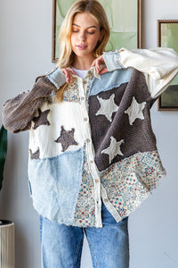 Oli & Hali Mixed Print Button Down Top with Star Patches in Creme