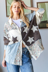 Oli & Hali Mixed Print Button Down Top with Star Patches in Creme