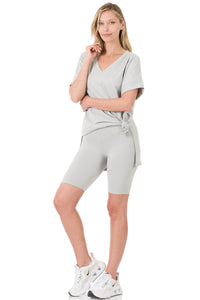 Brushed DTY Microfiber V-Neck Top & Biker Shorts Set in Light Grey Set Zenana   