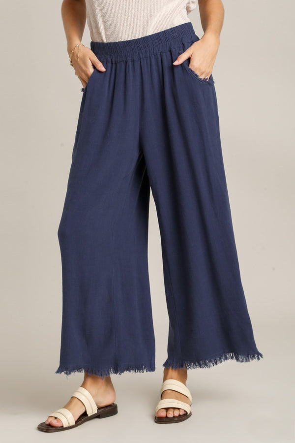 Umgee Wide Leg Linen Pants in Navy Bottoms Umgee   