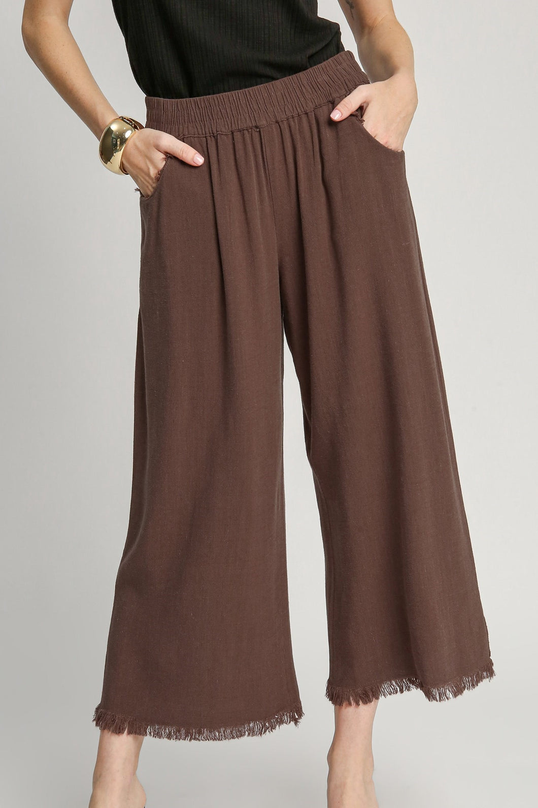 Umgee Wide Leg Linen Pants in Brown