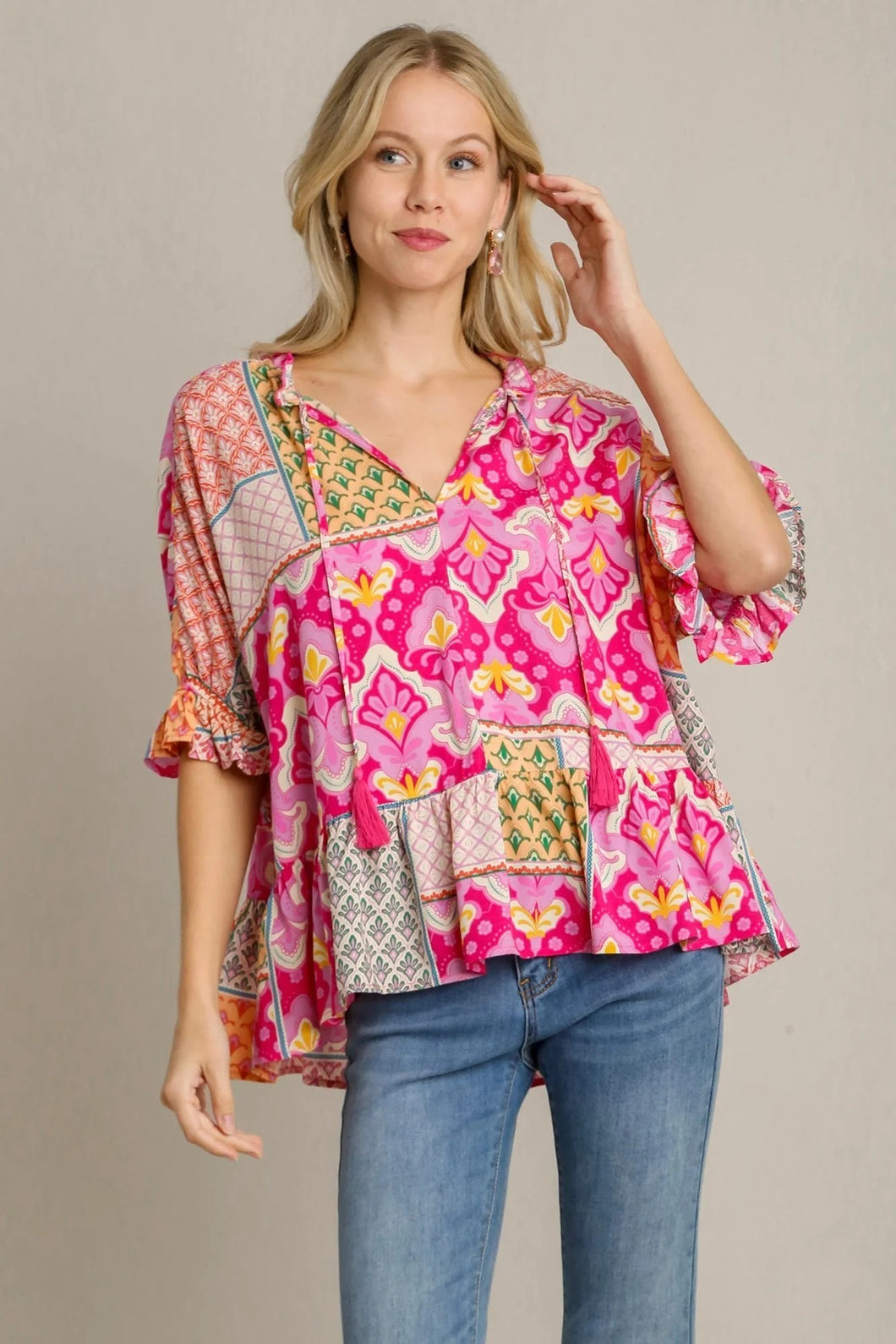 Umgee Mixed Print Boxy Cut Top in Pink Shirts & Tops Umgee   