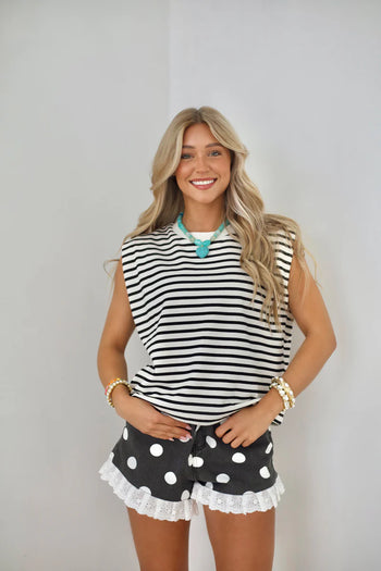 Poppy & Pine Black Dot Party Denim Ruffle Shorts