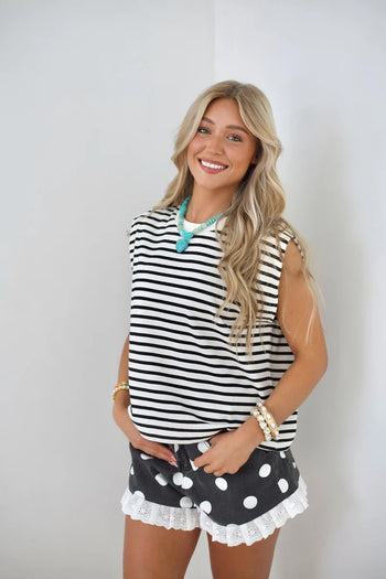 Poppy & Pine Black Dot Party Denim Ruffle Shorts