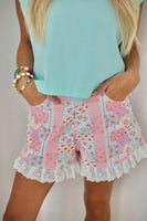 Poppy & Pine Floral Patchwork Denim Ruffle Shorts