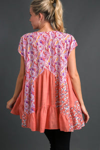 Umgee Mixed Print High Low Hem Top in Coral Mix Top Umgee   