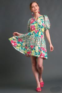 Umgee Floral Mixed Print Dress in Mint Mix Dress Umgee   