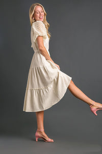 Umgee Puffed Sleeve Tiered Midi Dress in Cream Dress Umgee   