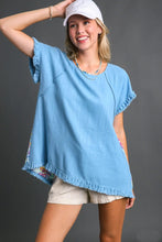 Load image into Gallery viewer, Umgee Linen Blend Top with Mixed Print Back Panel in Light Blue Shirts &amp; Tops Umgee   
