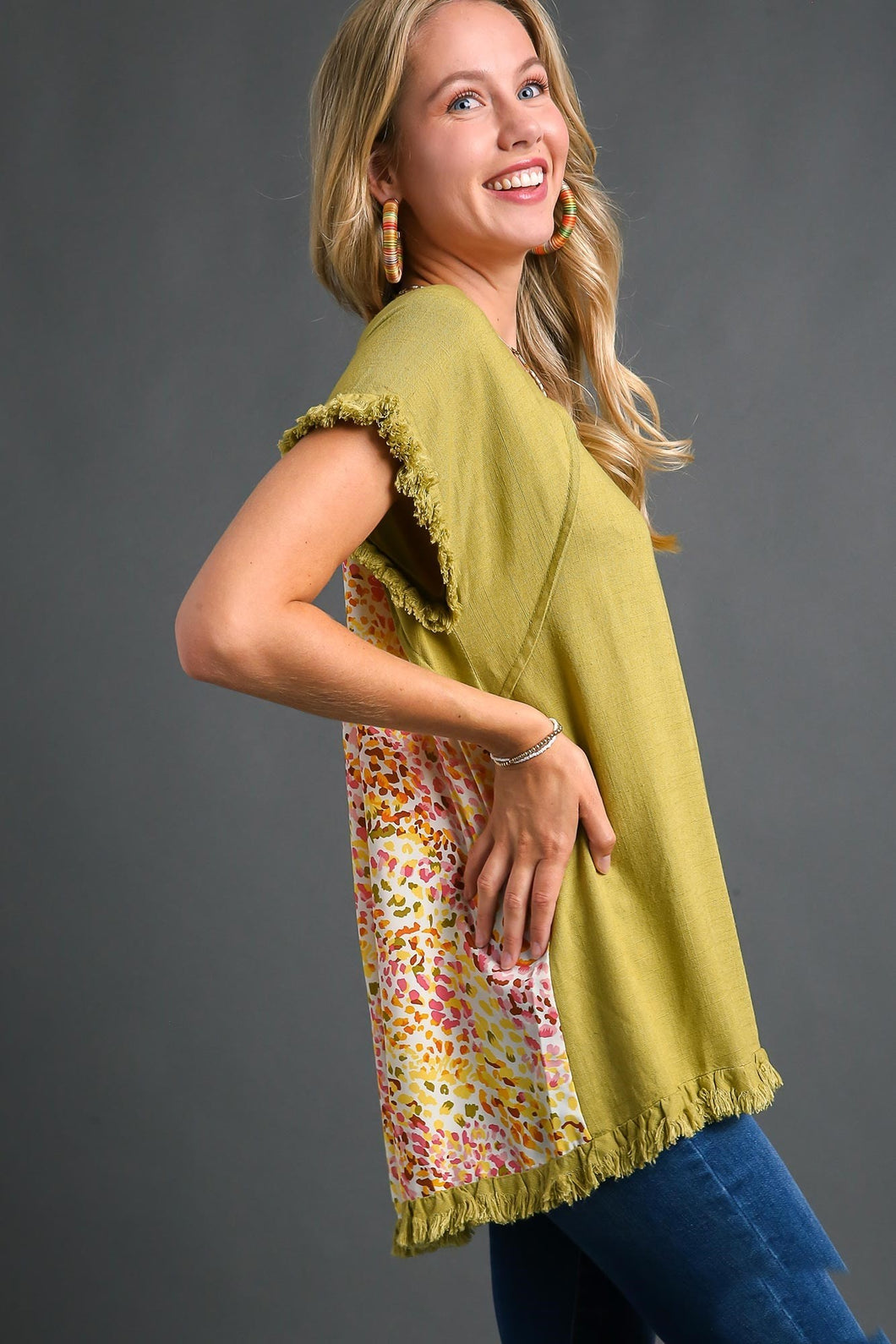 Umgee Linen Blend Top with Mixed Print Back Panel in Avocado Shirts & Tops Umgee   