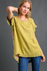 Umgee Linen Blend Top with Mixed Print Back Panel in Avocado Shirts & Tops Umgee   
