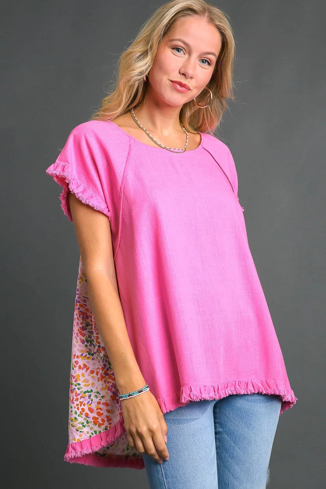 Umgee Linen Blend Top with Mixed Print Back Panel in Bubblegum Shirts & Tops Umgee   